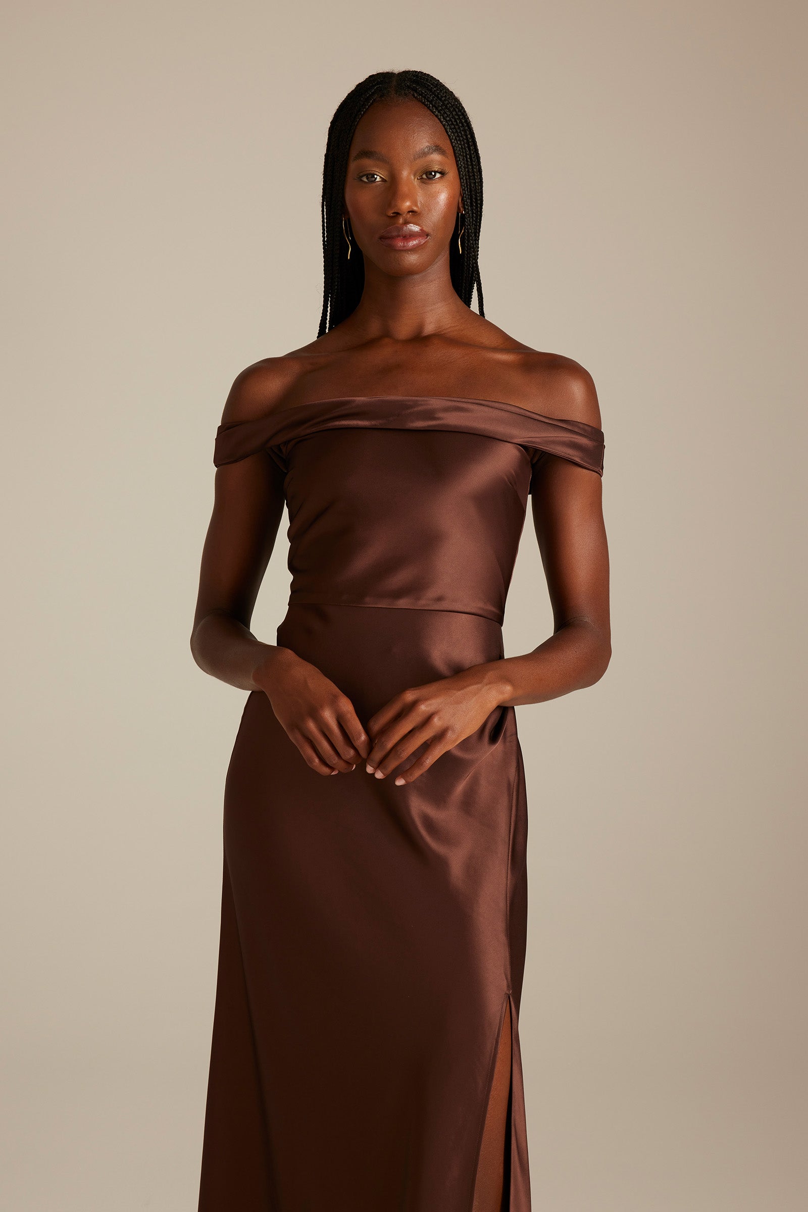 Kai Off the Shoulder Espresso Brown Bridesmaids Dress_XS_