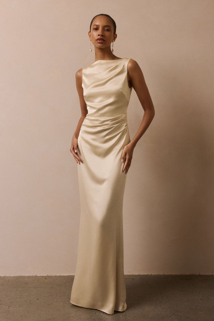 High neck bridesmaids dress in champagne