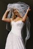 A woman wearing a white wedding dress and sheer veil, holding the veil up with both hands against a dark studio background.