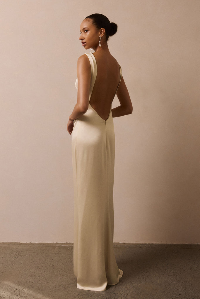 Low back bridesmaids dress in champagne