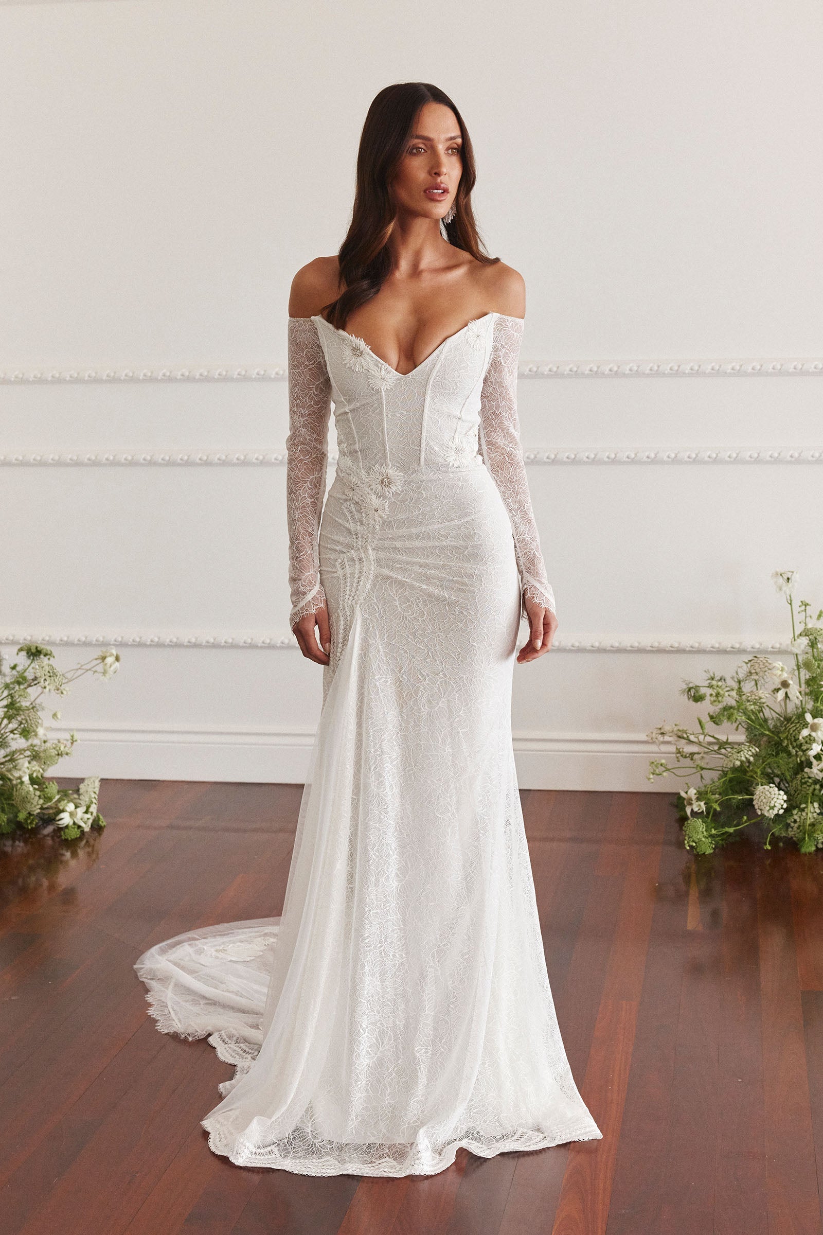 long sleeve wedding dress nz Long Sleeves Elegant Basque Waist Wedding Dress