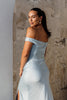 Off the shoulder blue bridesmaid dress