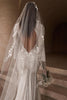 Back image of model in Pierlot gown and Pierlot veil